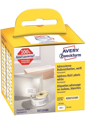 Avery adreslabel op rol 89 x 36 mm, 260 stuks.